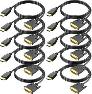HDMI to DVI Cable 10-Pack, 6 Ft Bidirectional DVI-D to HDMI Male to Male High Speed Adapter Cable Support 1080P Full HD (10, Black)