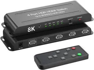 8K HDMI 2.1 Switch 4 in 1 Out, 4K@120Hz HDMI Switcher Selector 4 Port with IR Remote Support 8K@60Hz, Auto Switch, HDCP 2.3, HDR 10+, VRR, CEC for Xbox, PS5, Fire Stick, Projector