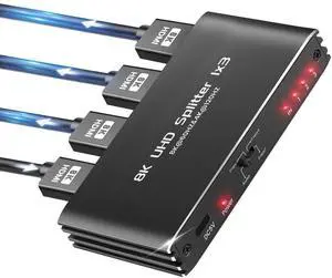 HDMI 2.1 Splitter 8K@60Hz 1 in 3 Out 4K@120Hz, 1×3 HDMI Splitter for Multiple Monitors(Only Copy Input Screen), Hdmi Splitters for Gaming Support 48Gbps, HDCP 2.3, RGB 4:4:4