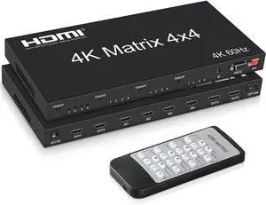 4K@60Hz HDMI Matrix Switch 4x4, HDMI Matrix Switcher Splitter 4 in 4 Out with EDID, HDMI Matrix Selector box with RS232 Control, Support Auto Downscaler, HDR, HDMI2.0, HDCP2.2, 18Gbps