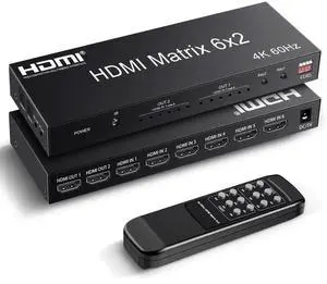 HDMI Matrix Switch 6 in 2 Out, 4K@60Hz HDMI Switch with IR Remote, Optical & 3.5mm Audio Output, 6x2 HDMI Switcher Audio Extractor Support HDMI 2.0, HDCP 2.2, 3D, Auto Downscal for PS5/4, Fire Stick