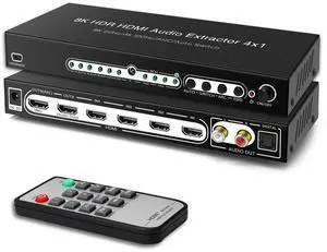 8K 60HZ HDMI Switch 4 In 1 Out with 7.1CH Audio Extractor and ARC, HDMI 2.1 Switch Audio Converter Support Optical, L/R Audio, 4x1 HDMI Switch with Remote Support CEC, UHD, HDCP2.2, 3D, 40Gbps