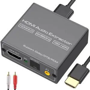 4K60Hz HDMI Audio Extractor Splitter Converter to Optical and 3.5mm and AUX Adapter Supports 2.0 and 18Gpbs Bandwidth Digital DTS PCM HDR10