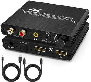 HDMI Audio Extractor, 4K HDMI to Optical SPDIF + 3.5mm Stereo + RCA L/R Audio Adapter Converter with Volume Control Support 4K@60Hz HDCP 2.2 HDR 3D YUV 4:4:4