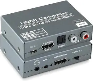 4K@60HZ HDMI Audio Extractor, HDMI to HDMI with Optical TOSLINK SPDIF + 5.1/2CH + 3.5mm RCA R/L Audio Converter HDMI Audio Splitter Adapter Supports HDMI 2.0, HDCP 2.2, 18Gpbs for PS5