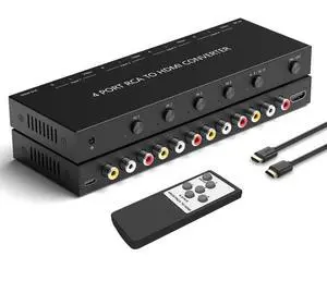 4 AV to HDMI, 1080P/720P 4 Way RCA Composite CVBS AV Switch to HDMI Converter Adapter Support 4:3/16:9 Switching, for Sega Xbox PS1 PS2 PS3 N64 NGC SNES WII VHS VCR Camera DVD with Remote