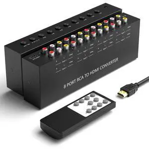 8 AV to HDMI Converter, 1080P/720P 8 Way RCA Composite CVBS AV Switch to HDMI Converter Adapter Support 4:3/16:9 Switch for Sega Xbox PS1 PS2 PS3 N64 NGC SNES WII VHS VCR Camera DVD