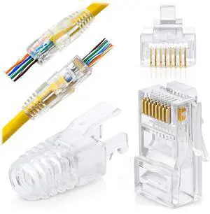 RJ45 Cat6 Pass Through Connectors and Strain Relief Boots - Pack of 50/50 - EZ to Crimp Modular Plug for Solid or Stranded UTP Network Cable RJ45 Cat6 Pass Through Connectors and Strain Relief Boots - Pack of 50/50 - EZ to Crimp Modular Plug for Solid or Stranded UTP Network Cable
