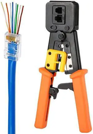 EZ RJ45 Crimp Tool Pass Through Cat5 Cat5e Cat6 Crimping Tool for RJ45/RJ12, CAT5, CAT5e, CAT6 Regular and End-Pass-Through connectors EZ RJ45 Crimp Tool Pass Through Cat5 Cat5e Cat6 Crimping Tool for RJ45/RJ12, CAT5, CAT5e, CAT6 Regular and End-Pass-Through connectors