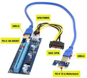 PCI-E 1x to 16x Mining Machine Enhanced Extender Riser Adapter with USB 3.0 & 6Pin Power Cable