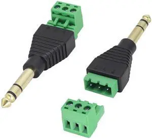 6.35mm Screw Terminal Block Connector 1/4" inch TRS Male Plugs to 3 Pin/Way Female Bolt Screw Terminals Pluggable AUX Audio Microphone/Speaker Wire,Keyboard,Mixer,Solderless Converter(2 Pack)