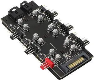 12V 4Pin PWM & 5V 3Pin ARGB with SATA 15Pin Power 2-in-1 Hub 6 Way Sync CPU Cooling Fan Addressable RGB Lighting PCB Splitter for Extended Motherboard Interface -Black Compatible With Desktop