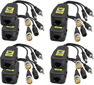 BNC to RJ45 Transmitter Transceiver DC Power Passive Audio Video Balun HD-CVI/TVI/AHD/CVBS with DC Jack for 720P-1080P 3MP 4MP 5MP 8MP CCTV Security DVR Surveillance Camera System(19cm/4Pairs)