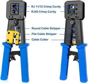 J45 Crimp Tool Kit Pass Thru Cat5 Cat5e Cat6 RJ45 Crimping Tool with 20PCS RJ45 Cat6 Pass Through Connectors, 20PCS Covers, 1 Network Cable Tester,1 Wire Punch Down Cutter and 1 Mini Screwdriver