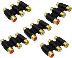 5-Pack 3 RCA Female to Female Adapter, Gold Plated, Black