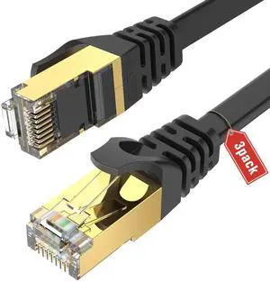 CAT8 Ethernet Cable 3 ft (3 Pack) High Speed, Shielded Flat Internet Cable with Clips, Weatherproof S/FTP UV Resistant for Router/Gaming/Modem - Black