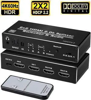 HDMI Switch Splitter 2x2 with Audio Extractor 4K@60Hz Ultra HD HDMI Switcher with Optical TOSLINK SPDIF 3.5mm Audio Support HDCP 2.2 HDMI2.0b, 4K@60HZ, RGB4:2:2, 4K HDR (Remote Control)