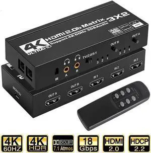 HDMI Matrix 3x2 4K HDMI Matrix Switch 3in2 Out Switcher Splitter Box with 2xSPDIF Audio 2x3.5mm L/R Audio and IR Remote Control Support Ultra 4K HDR,4Kx2K@60Hz 3D,1080PHDMI 2.0b HDCP 2.2