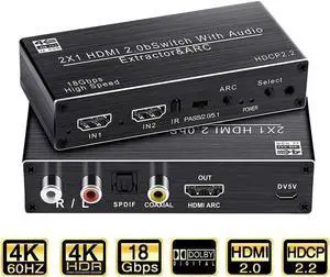 4K@ 60Hz HDMI Audio Extractor 2x1 HDMI to HDMI + Optical Toslink / Coaxial SPDIF+ 3.5mm R/L Audio Splitter, 4K@ 60Hz HDMI 2.0 Optical Audio Splitter, HDCP 2.2 4K HDMI Audio Splitter