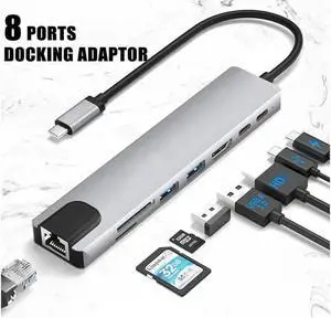 USB C Hub Docking Station 8 in 1 with USB 3.0&2.0, 4K HDMI, 100W Power Delivery, Ethernet, TF/SD Card Reader Compatible with MacBook/Laptops and More Devices, HDD, Printer, Mouse