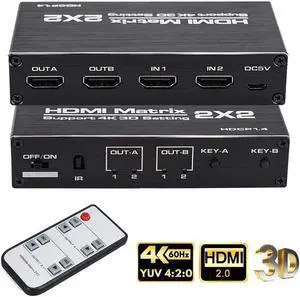 2x2 HDMI Matrix Switch 4K - 4K 60Hz 18Gbps, 4K,3D, 1080p,HDCP1.4, HDR,YUV 4:2:0 Control via Remote, 2 in 2 Out Video Matrix Switch (OZJ3)