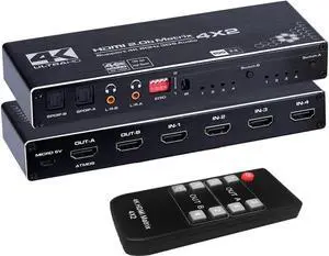 4 in 2 Out HDMI Matrix Switch Up to 4K 60Hz RGB 8:8:8, HDR10, EDID,HDMI 2.0, HDCP 2.2/1.4, Auto Downscaling IR Remote 2xSPDIF Audio 2x3.5mm L/R Audio 4X2 Video HDMI Matrix Switch (OZJ1)