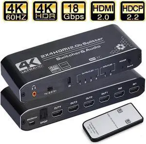 4K 60hz HDMI Switch Splitter 2 in 4 Out HDMI Switch HDMI Audio Extractor with IR Remote Support HDMI to Toslink SPDIF 3.5mm Audio Out Support 3D 4K 60hz for TV Box Apple TV DVD PS4 PS3