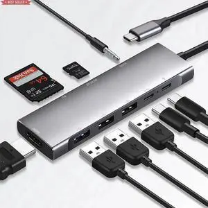 SB-C SD TF Card Reader Audio Ports Docking Station Usb-c To HDTV Adapter USB C Hub 9 in 1 Usb Type C Adapter Charger