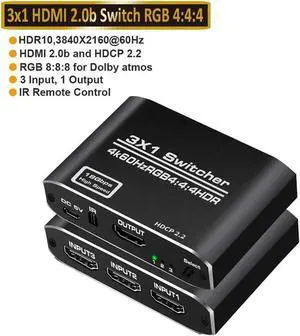 4K 60Hz 3x1 HDMI Switch, 3 Port Auto HDMI Switch Box with IR Remote,Support 4Kx2K@60Hz 3D 1080P,3 in 1 Out HDMI Switch Switcher Selector for Xbox360/PS4/PS3/Roku/to TV Projector - OZQ3-1