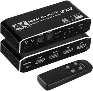 2x2 HDMI Matrix, 4K@60Hz 2 in 2 Out HDMI Switch Splitter with IR Remote, HDMI Matrix Switch+2xOptical + 2x3.5mm Audio Output, Support HDMI2.0 HDCP2.2 Auto Downscaler 3D Audio Extractor