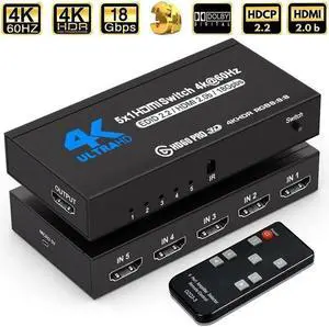 HDMI Switch 5x1 HDMI Switcher 5 in 1 Out HDMI Switch Selector 5 Port Box with IR Remote Control HDMI 2.0 HDCP 2.2 Support 4K@60Hz Ultra HD 3D 2160P 1080P, OZQ3-4