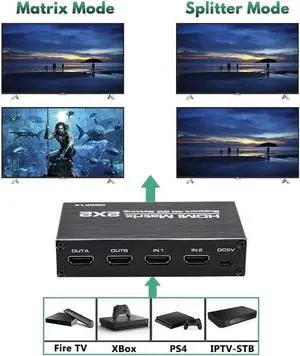 2x2 HDMI Matrix, 4K@60Hz 2 in 2 Out HDMI Switch Splitter with IR Remote, HDMI Matrix Switch Support 4K,3D, 1080p,HDCP1.4, HDR,YUV 4:2:0 (OZJ3)