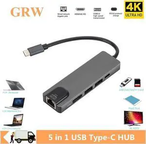 5 in 1 USB 3.1 Type C Hub HDTV -Compatible 4K USB C Hub to Gigabit Ethernet Rj45 Lan Adapter for Mac book Pro Thunderbolt 3