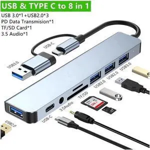8 in 1 USB A Type C Hub 5Gbps USB C Multiport Adapter with 4 USB-A, 100W Power Delivery, SD/TF Card Reader 3.5mm Audio USB C Hub Compatible with MacBook Pro/Air, and Other USB C Laptops