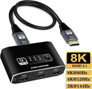 HDMI Switch 3in1 Out 8K HDMI Switcher Splitter 8K@60Hz 3 Port HDMI Switch with 3.9FT HDMI Cable HDCP2.3 3D Dolby Compatible with PS5/PS4/Xbox/Nintendo Switch/Fire Stick/Roku TV and More