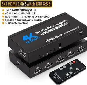 4K@60Hz HDMI Switch 5 in 1 Out 4K@60Hz HDMI Splitter with Remote 5 Port HDMI Switcher Selector Support 3D 4K HDR HDCP2.2 Compatible with PS5/4/3 Xbox Nintendo Switch Roku TV Fire Stick