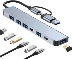 Aluminum 7 in 1 USB Hub USB C Hub with USB 3.0, Multiport USB Splitter Expand with 5 USB Port 2 USBC Ports for MacBook Pro Air, for iPad Pro Laptop, Phones and More Devices