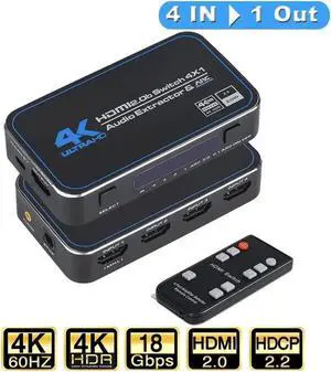 4K 2K 60Hz HDMI Switch Audio Extractor with Optical 3.5mm Stereo Audio Out, HD 4K HDMI Video Switcher Adapter 4 In 1 Out HDMI Splitter with Remote Control for DVD HDTV TV Box PS4 - OZQ4