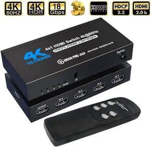 HDMI Switch 4x1 HDMI Switcher 4 in 1 Out HDMI Switch Selector 4 Port Box with IR Remote Control HDMI 2.0 HDCP 2.2 Support 4K@60Hz Ultra HD 3D 2160P 1080P