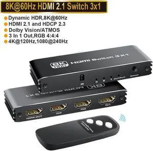 8K HDMI Switch 3in1 Out 3 Port HDMI Splitter with IR Remote HDMI Switcher Selector Box Support 8K@60Hz 4K@120Hz HDMI 2.1Switch Compatible with PS 5/4/3 Xbox Switch Ro-ku TV Fire Stick PC
