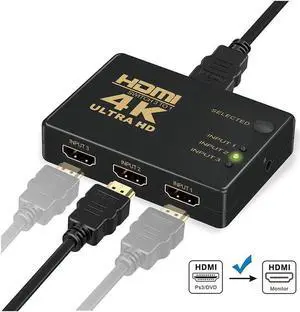 HDMI Mini Switcher 3 in 1 Out, 3-Port HDMI Switcher Splitter with IR Remote Control Supports 4K@30HZ 3D HD1080P HDMI Switcher for PS4 Xbox Apple TV Fire Stick Blu-Ray Player