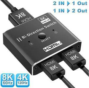 HDMI Switch 2 in 1 Out 4K@120Hz, 8k Bi-directional HDMI Splitter, 2 Port HDMI Switcher Selector Support 8K YUV 4:4:4/RGB 4:4:4/RGB 8:8:8(Dolby Atmos),Dynamic HDR ,VRR