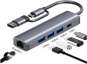 5 in 1 USB Hub Ethernet, Portable Multiport Adapter, 2-in-1 USB-C USB 3.0 to HDMI Dock Compatible for MacBook Pro, USB C, 3 USB3.0, 1Gbps LAN USB Dongle for Type C Devices-Mac/iPad Pro