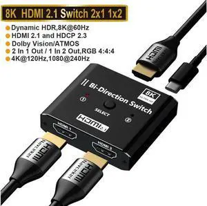 HDMI 2.1 Switch 8K@60Hz, Bi-Directional HDMI Switcher 4K@120Hz, Aluminum HDMI Splitter 2 in 1 Out 48Gbps Ultra HD Compatible with Xbox Series X PS5 Fire Stick