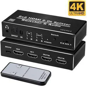 4K@60Hz 2x2 HDMI Switch Splitter Audio Extractor with Optical Toslink SPDIF/3.5mm Audio Out 2Ports HDMI2.0b Switcher with Remote Control Support HDCP 2.2 HDMI2.0b 4K@60HZ RGB4:2:2 4K HDR