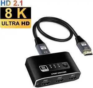 HDMI Switch 8K@60Hz - HDMI Switcher 3 in 1 Out HDMI Splitter, or 3 x 1, USB External Power Supported, Supports 8K 3D HD 1080P for Xbox PS4 Roku Blu-Ray Player HDTV, with 3.9FT HDMI Cable