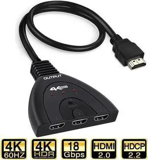 HDMI Switch4K@60Hz HDMI Splitter 3in1 Out 3-PortHDMI Switcher Selector with Pigtail HDMI Cable,Supports Full HD4K1080P3D Player HDMI Hub Compatible with Fire Stick,HDTV,PS4 Game Consoles