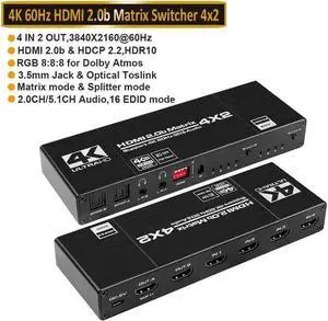 4x2 HDMI Matrix Switch 4K - 4K 60Hz RGB 8:8:8(Dolby ATMOS), 18Gbps, HDR10, Control via Remote, 2xSPDIF Audio, 2x3.5mm L/R Audio Audio Extractor, 4 in 2 Out Video Matrix Switch (OZJ1-1)