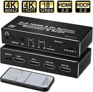 4K 60Hz 2 x 2 HDMI Switch Splitter Audio Extractor with IR Remote Control HDMI 2.0b Switcher Support 18Gbps 4K x 2K 3D HDCP 2.2 HDMI Splitter Hub Port Switches for PS4 Xbox Apple TV Fire