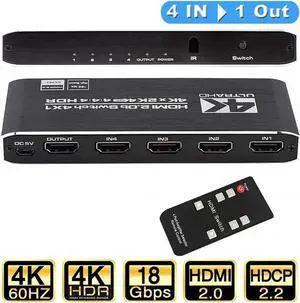 HDMI Switch 4in1 Out 4K60Hz UHD HDMI Switcher Splitter with Remote HDMI Switch Box Hub Support 4K 60Hz3D 4K HDR10 HDCP2.2 YUV444/RGB888 for PS5 PS4 Xbox DVD Player Fire Stick Apple TV PC